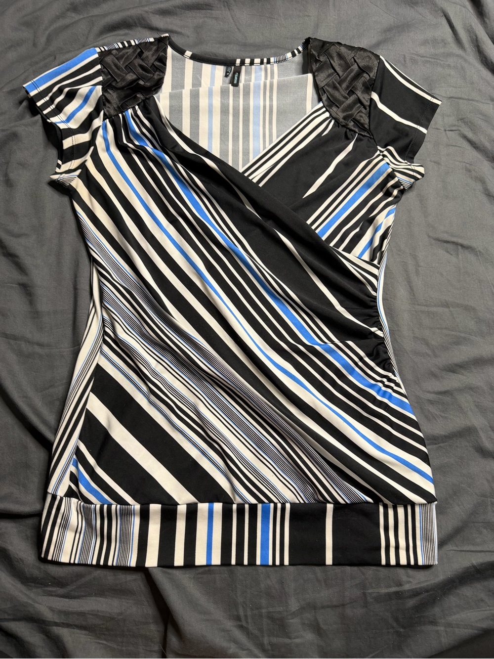 Maurices Black, White & Blue Striped Faux-Wrap Top
